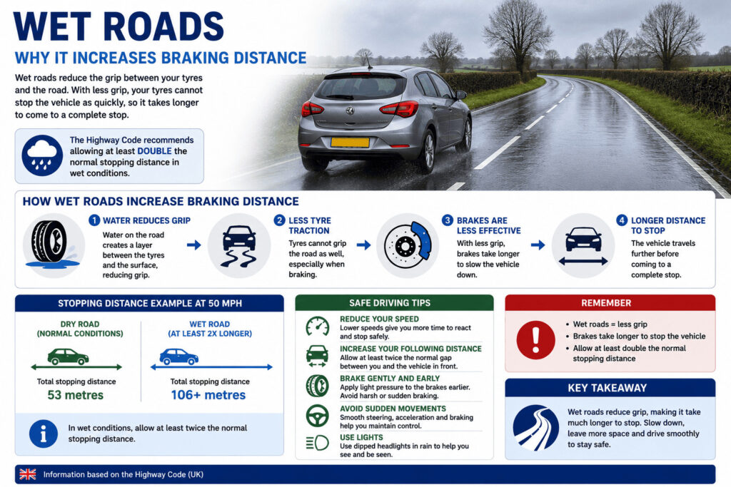 what increases braking distance wet roads