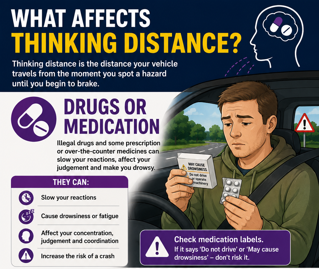 what affects thinking distance when driving drugs or medication