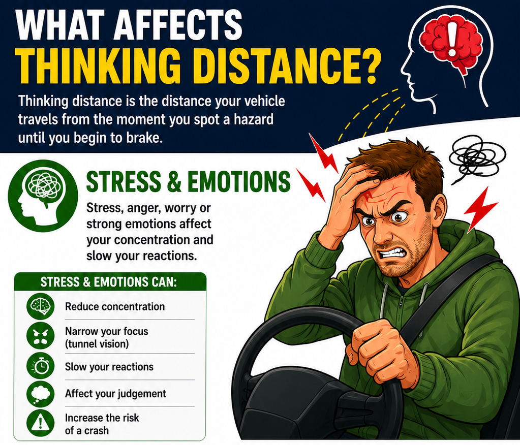 what affects thinking distance when driving stress and emotions