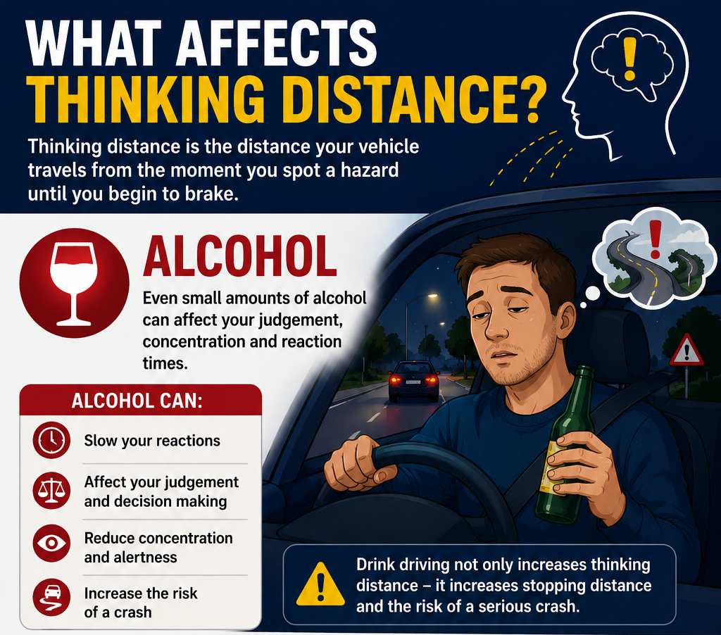 what affects thinking distance when driving alcohol
